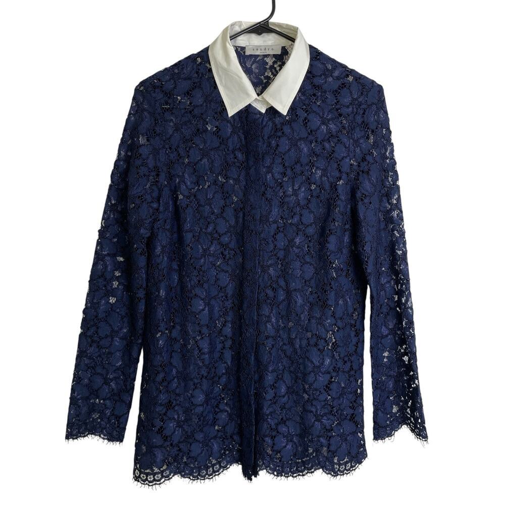 Sandro Paris Top Womens 3 Blue Lace Floral Long Sleeve Button Up Collar Sheer *